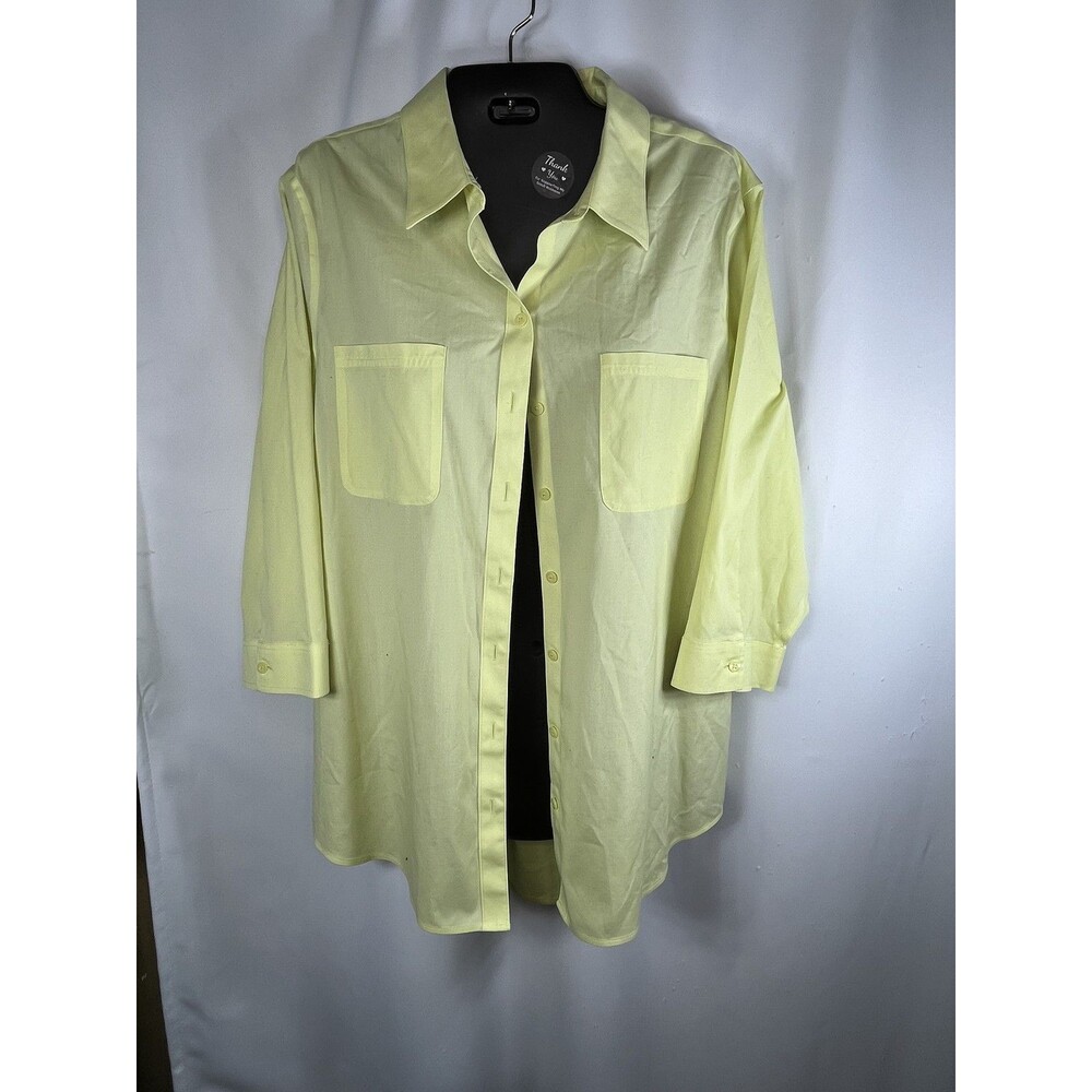 Chico's Shirt Womens 3 XL Yellow No Iron Button Up 3/4 Sleeve Tunic Top